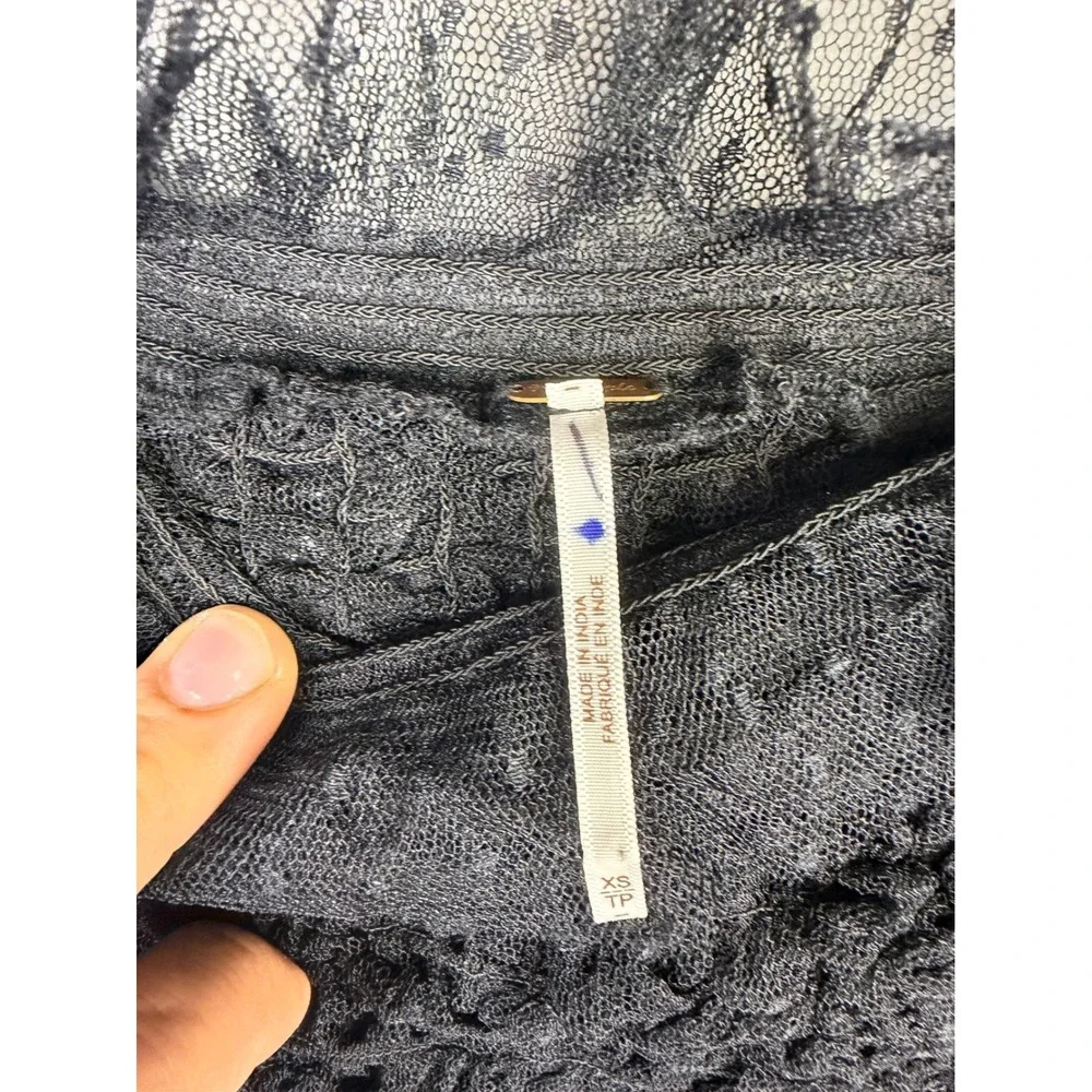 Free People Smocked Lace Crop Top Black Plum Purple Star Mesh Long Sleeve XS